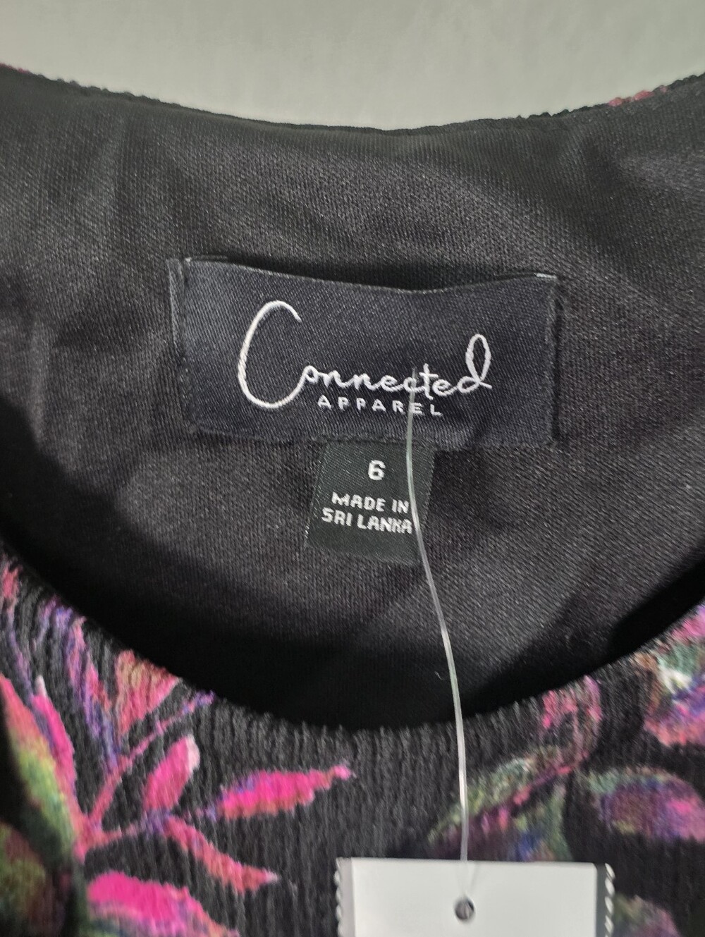 Connected Apparel Size 6 Black Floral Fit Flare A-Line Midi Dress Pink Purple - Picture 6 of 9